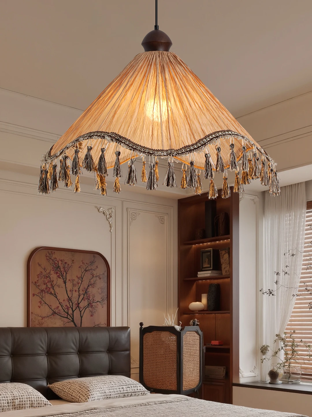 

Medieval retro bedroom living room chandelier tranquil atmosphere restaurant light homestay Zen fabric French tassel lampshade