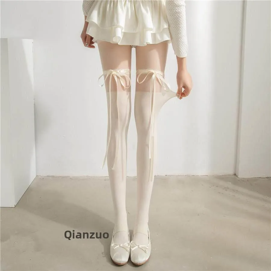 Lolita Bowtie Sweet Pure Desire White Stockings Summer Thin Anti-Catch Velvet Patchwork Pantyhose Breathable Comfortable Men'...