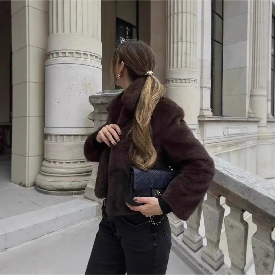 Casaco curto feminino jaqueta casacos de pele do falso turn down collar grosso quente y2k streetwear elegante jaquetas trabalho outerwear outono inverno