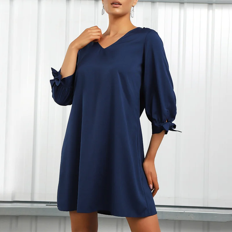 

Woman Solid Color V-Neck Dress Loose Casual Short Sleeve T-Shirt Dress Summer Fashion High Waist Mini Dresses Women Beach Dress