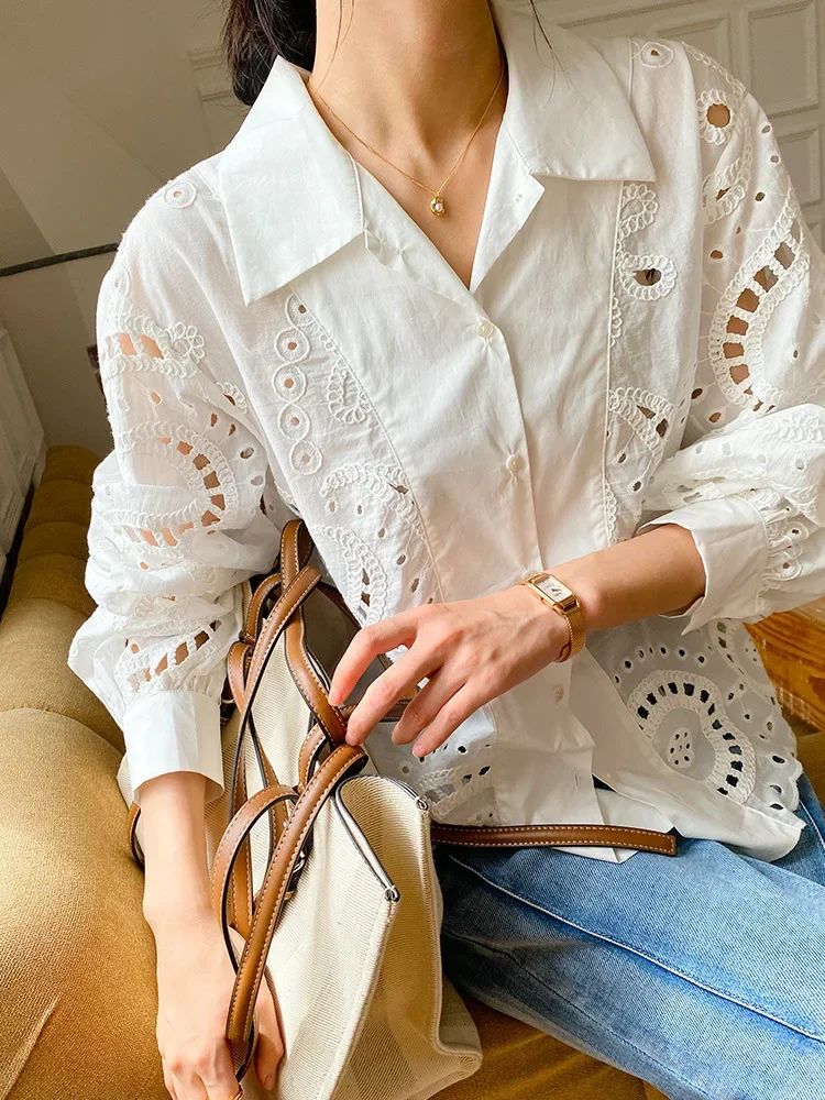 GypsyLady Elegant Chic French Blouse Shirt Floral Embroidery Hollow Out Spring Autumn Women Long Sleeve Casual Ladies Top Shirts