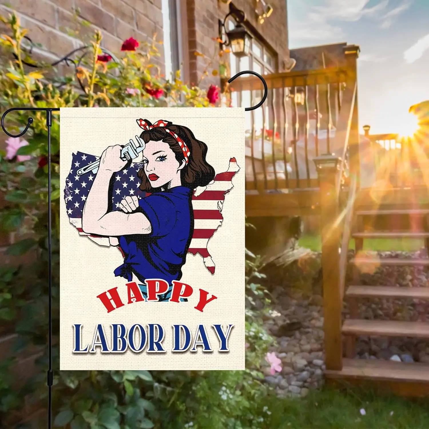 Happy Labor Day Garden Flag Celebrate Labor Day Woman Working Patriotic USA Flags 12 x 18 Double Sided Burlap Banner for Home Ho