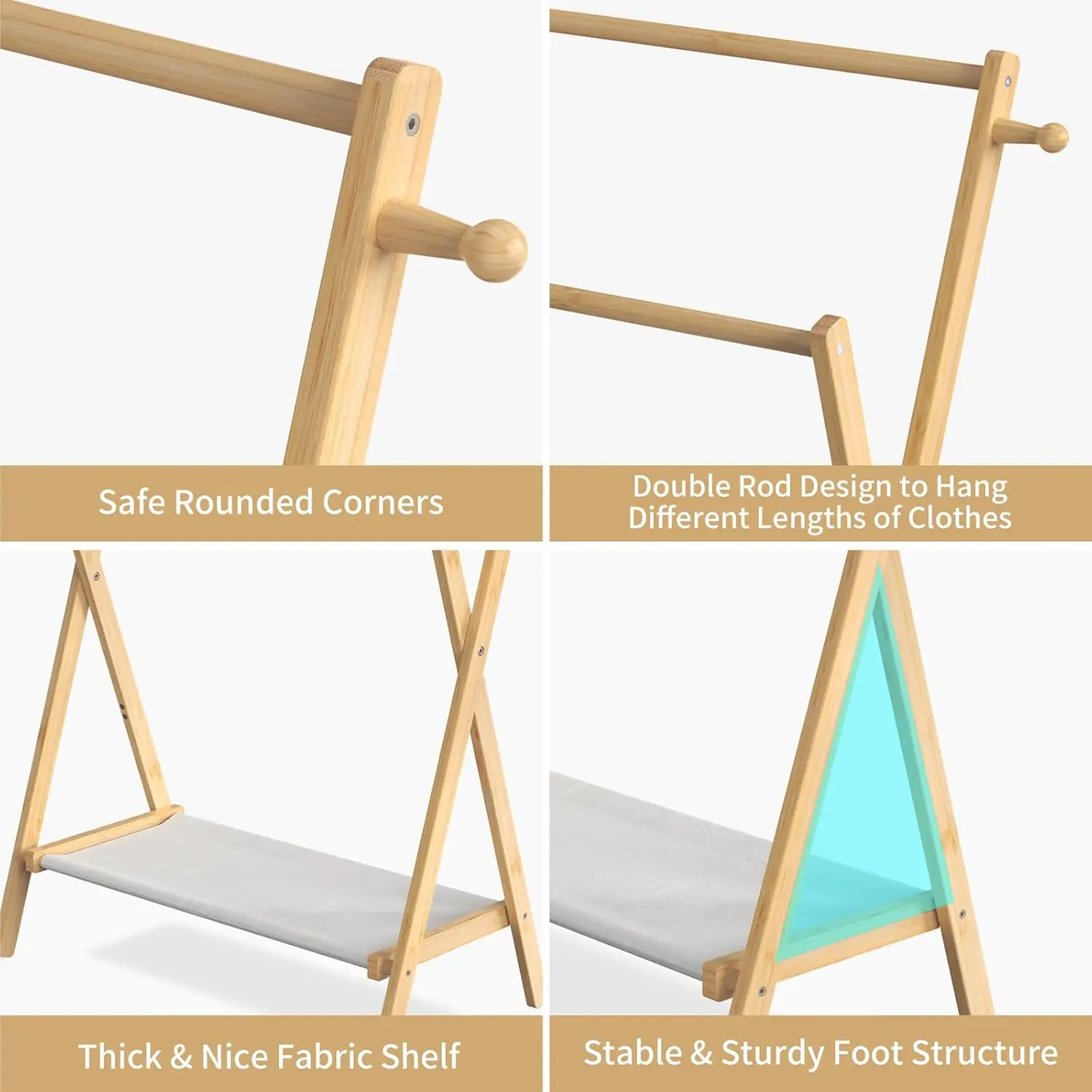 Foldable Kids Clothes Rack with Storage Shelf & Double Rods for Nursery and Playroom