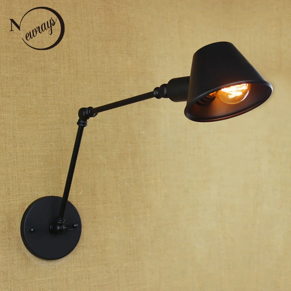 

Loft retro Matte Black iron shade adjustable swing arm reading wall lamps Lights sconce for workroom bedroom bar cafe