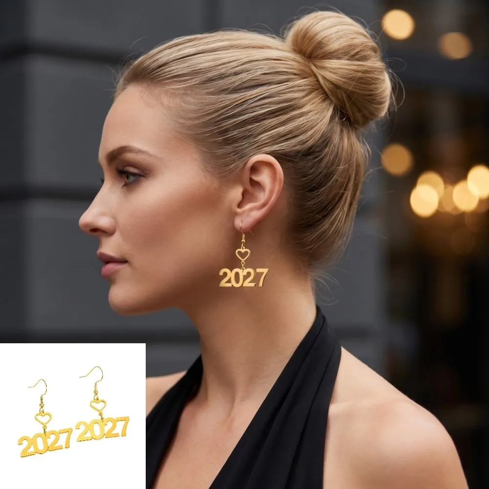 Elegant 2027 Digital Earrings Long Drop Hollowed-out Fashion Happy New Year Earrings Metal Alloy Love Heart Design Stud Earrings