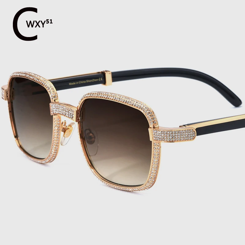 7550180 New Handmade White Diamond Natural Buffalo Horn Optical Frame Advanced Square Women's Diamond-encrusted Sunglasses