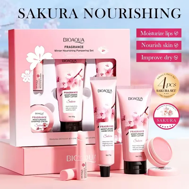 Sakura Skincare Set Moisturizing Nourishing Hydrating Hand Cream Lip Balm Body Lotion Long-lasting Soft Smooth Skincare Kit Box
