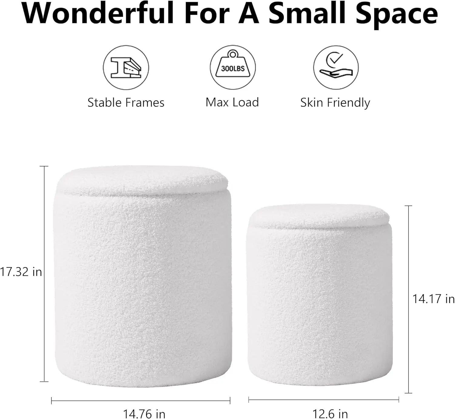 Round Boucle Upholstered Ottoman with Storage Set of 2 Vanity Stool Foot Rest with Removable Lid White Tall Ottomans Chair