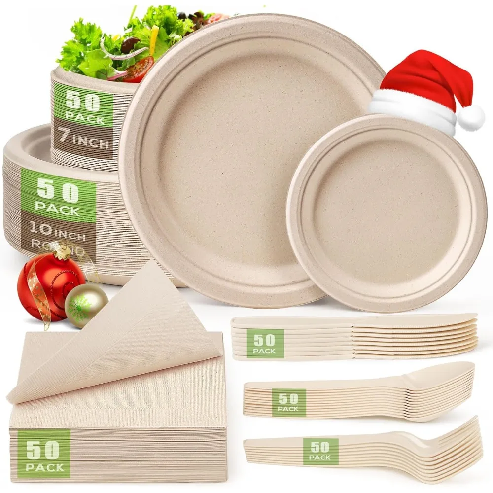 

Eco-Friendly Compostable Paper Plates Set, 300 Pieces Disposable Plates with Utensils and Napkins for Parties