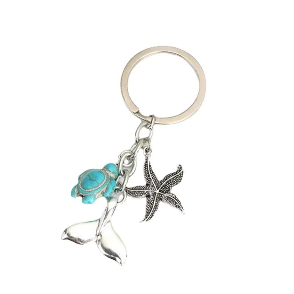 Retro Charm Sliver Color Starfish Mermaid Tail Turquoise Simulation Turtle Pendant Key Chain for Women Men Diver Jewelry Gifts