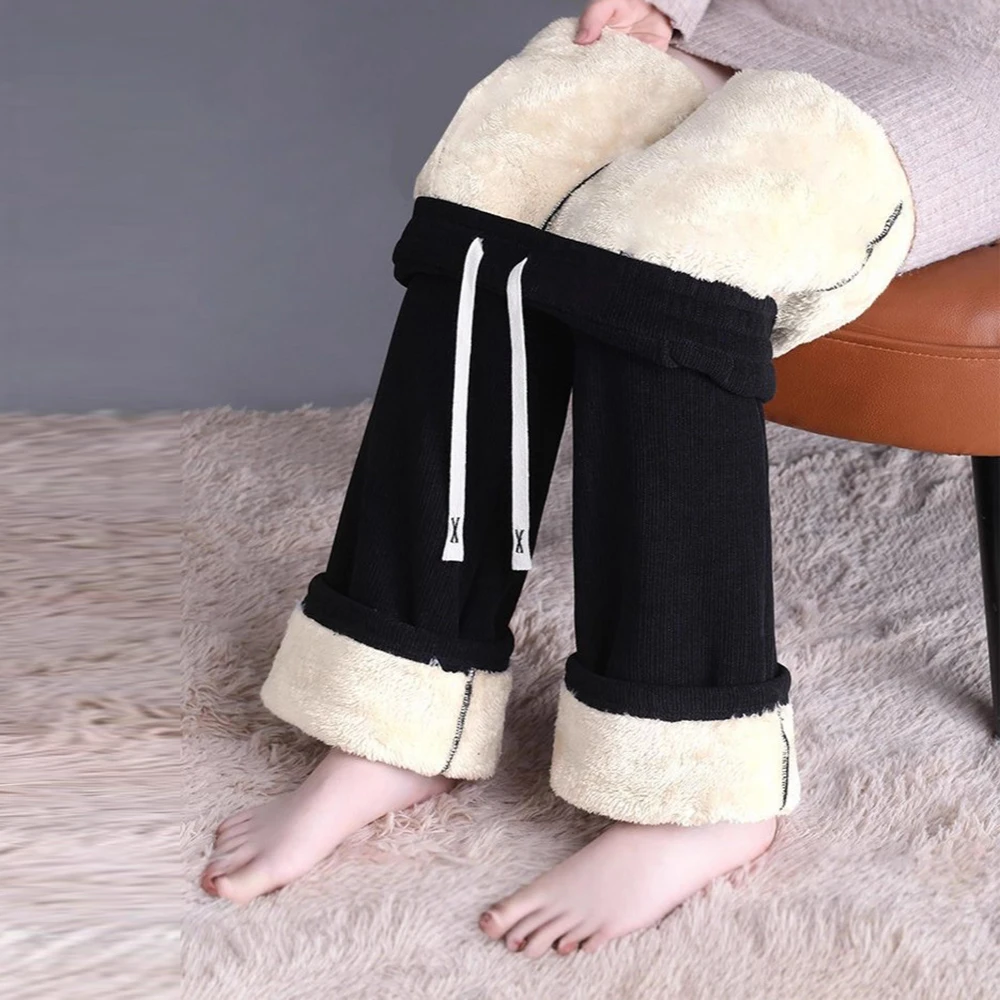 

Повседневные однотонные брюки с высокой талией и толстой флисовой подкладкой для женщин, подходящие для круглогодичного ношения на улице и в помещении.