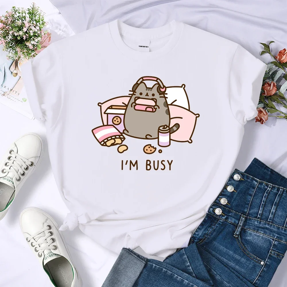 Sorry I'm Busy Cat Playing Games with Headphones T Shirt Female New T-shirts Street Tops Hot Sale Summer Women Tee