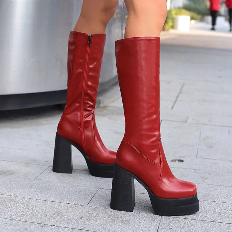 

Girseaby Women's Riding Knee Boots Square Toe 12cm Chunky Heel 4cm Double Platform Zipper Big Size 42-43 Fashion Dating Style