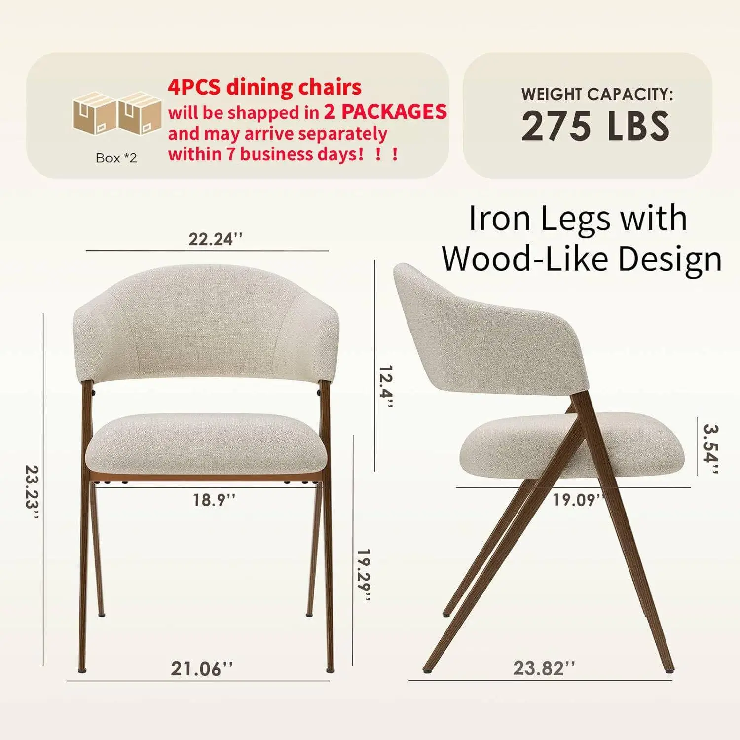 Dining Chairs Set of 4, Modern Upholstered Dining Room Kitchen Chairs with Iron Legs, Open Back and Padded Seat, for Living Room/Restaurant/Cafe, Beige