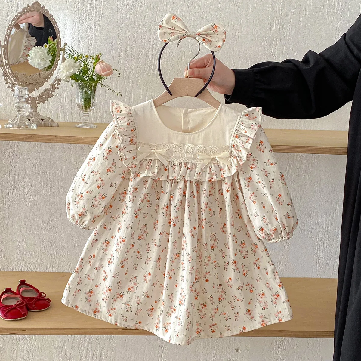 2026-spring-korean-style-toddler-girl-floral-dress-cotton-long-sleeve-ruffle-princess-casual-party-outfit-for-kids-2-8y