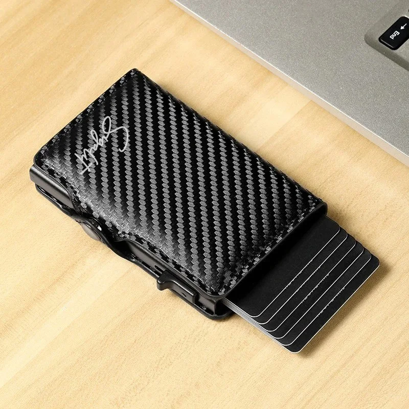 Personalisierter RFID-blockierender Kreditkartenhalter für Männer und Frauen, Mini Slim Pop-Up Geldbörse aus Kohlefaser, ID-Bank-Portemonnaie, Vatertags-Geschenke – Detail 7