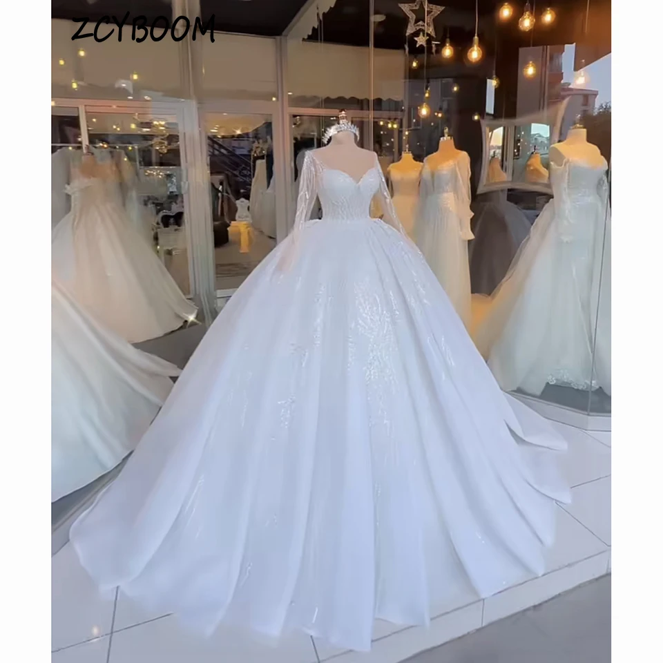 Vestido de novia blanco de lujo con lentejuelas y hombros descubiertos, traje de baile con cola de barrido, longitud hasta el suelo, tul con cordones, 2023