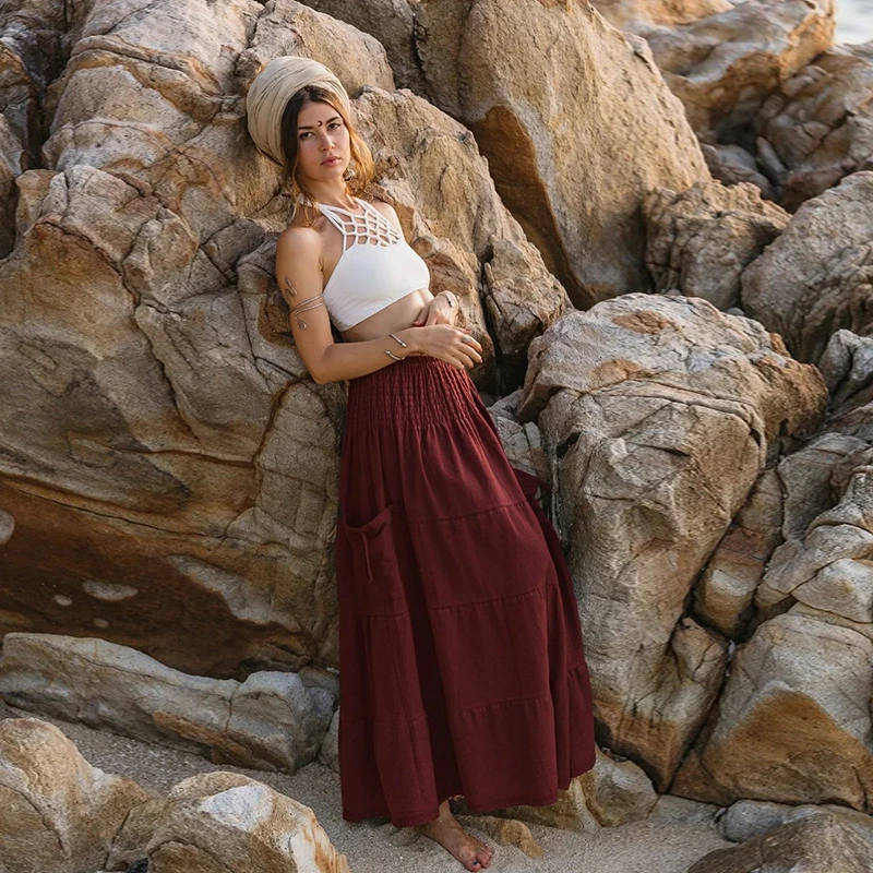 Boho Forest Fairy Tiered A-Line Skirt Pockets Convertible Bustier Dress Women Vintage Hippie Gypsy Maxi Skirt Versatile Sarong