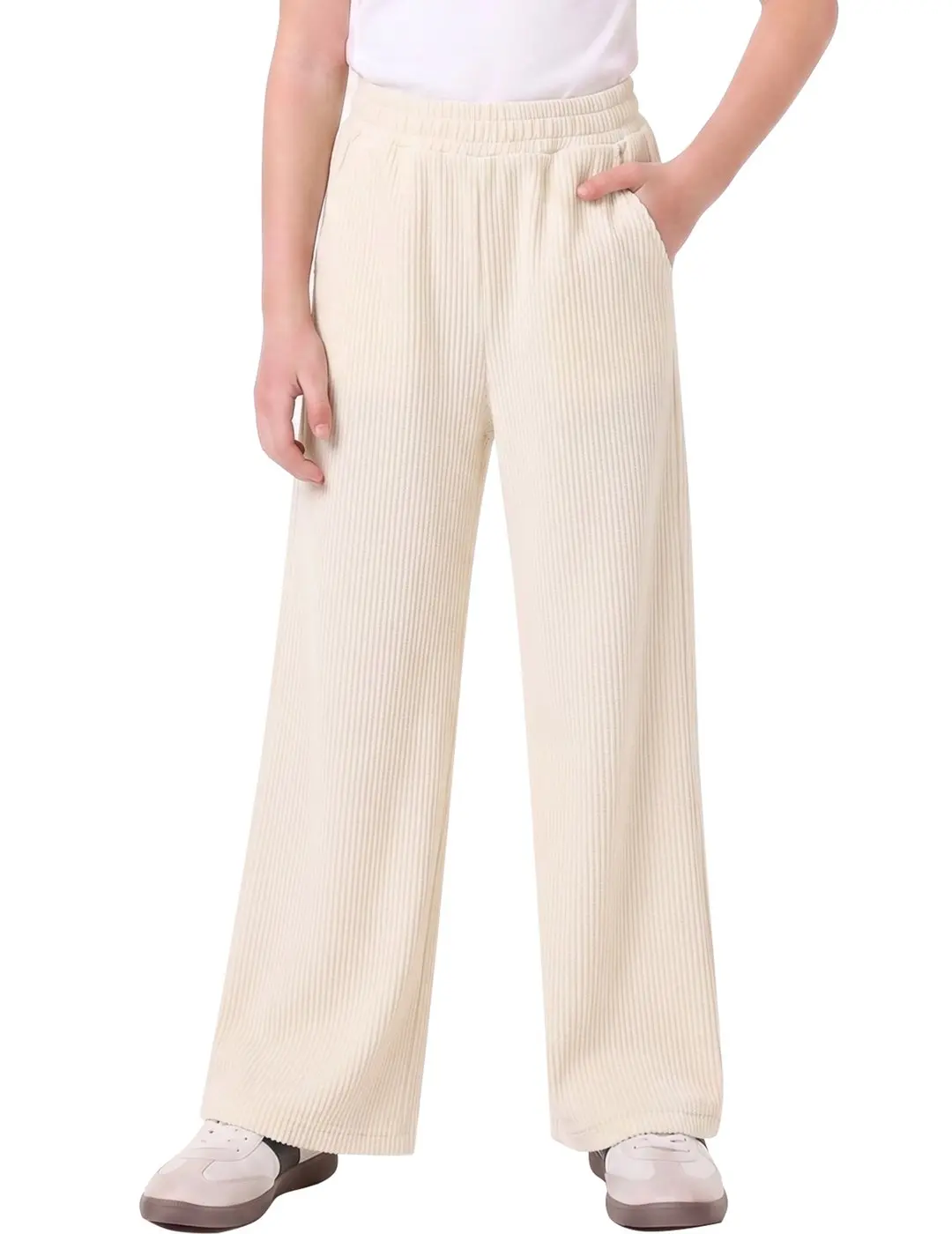 Girls Pants Beige Ribbed Wide Leg Pull on Casual Trousers with Pockets for School Travel Everyday Wear