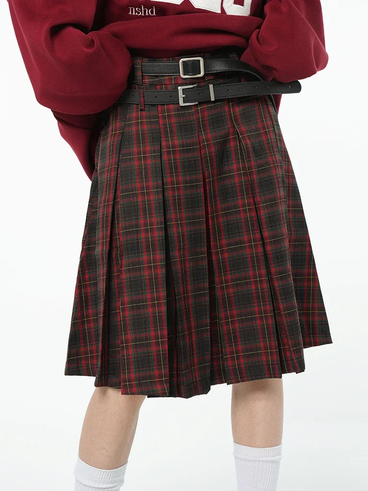 Women's American College Style Red Plaid Pleated Skirt Young Girl Color Contrast Femal A-line High Waist Short Skirt
