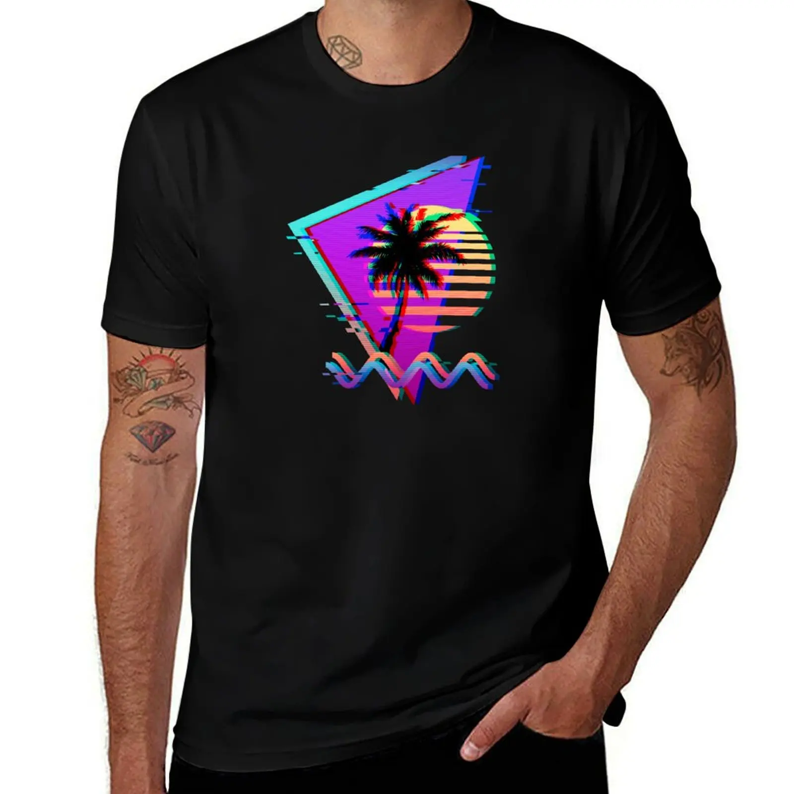 Vaporwave Palm Tree Sunset 80s 90s Glitch Aesthetic T-Shirt Sun Block Outdoor T-Shirt