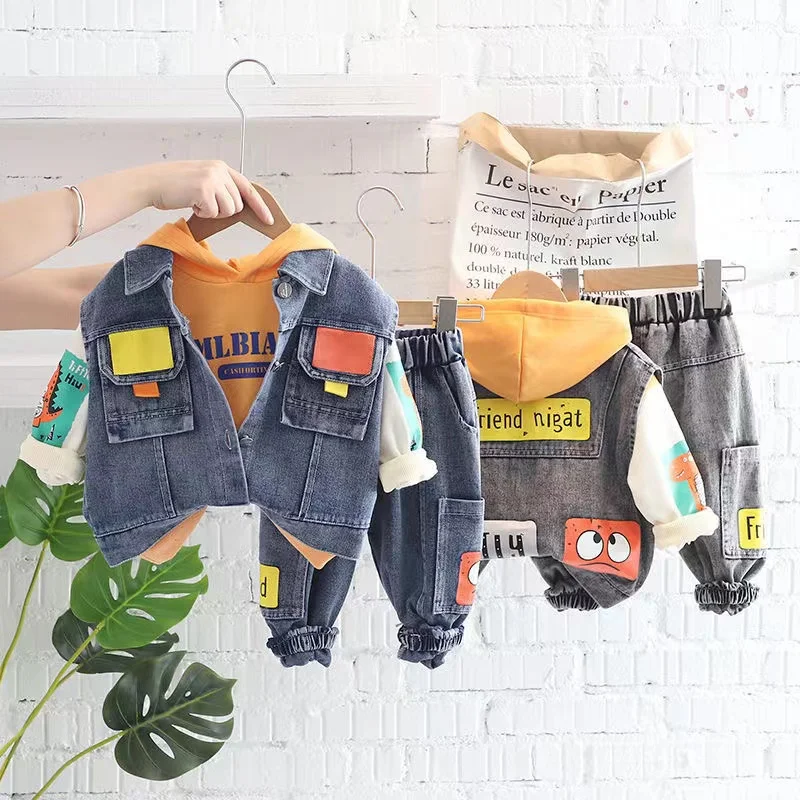 Children Boys Solid Denim Pants Suit Autumn Elastic Waist Boys Jeans hoodies vest Sets Young Kids Boys Casual 3pcs