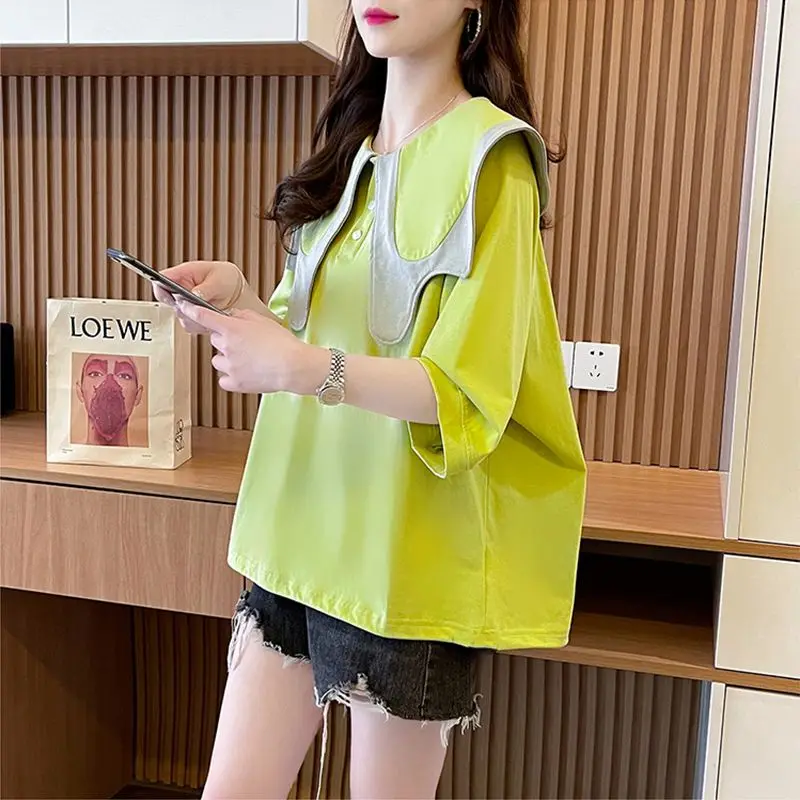 2024 New Office Lady Solid Color Pullovers Korean Ladies Sweet Women\'s Clothing Summer Loose 3/4 Sleeve All-match Trend T-Shirts