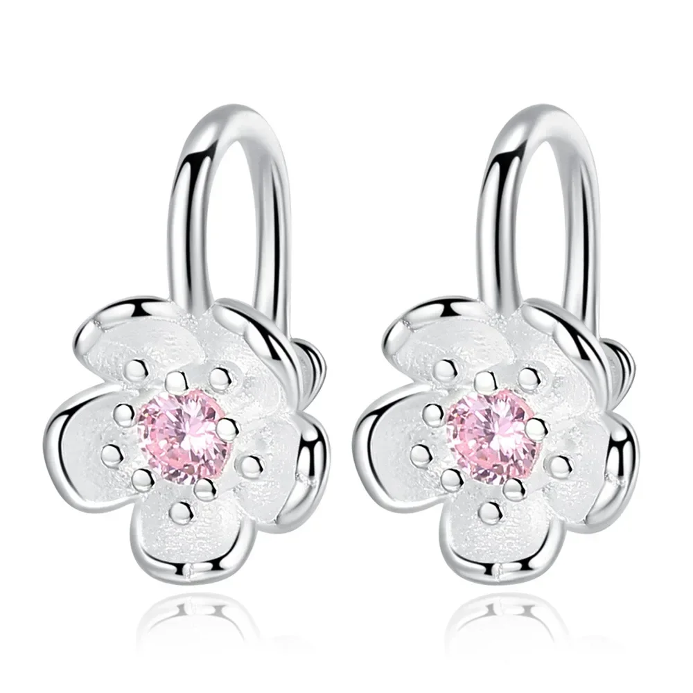 Korea Style Crystal Cherry Blossom Flower Clip on Earrings Without Piercing for Girls Party Sweet 925 Silver No Hole Ear Clip