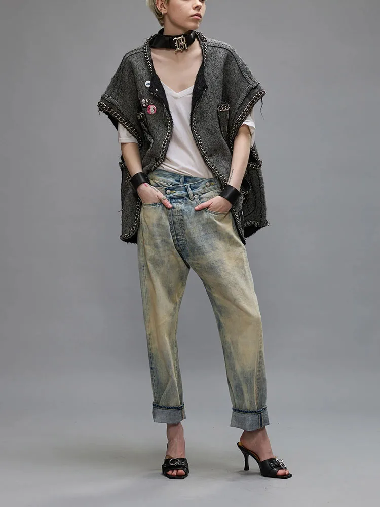 

pants y2k spring and summer washed crossru asymmetric nine-minute pants cotton denim2024 high-waisted chaps Woman trousers