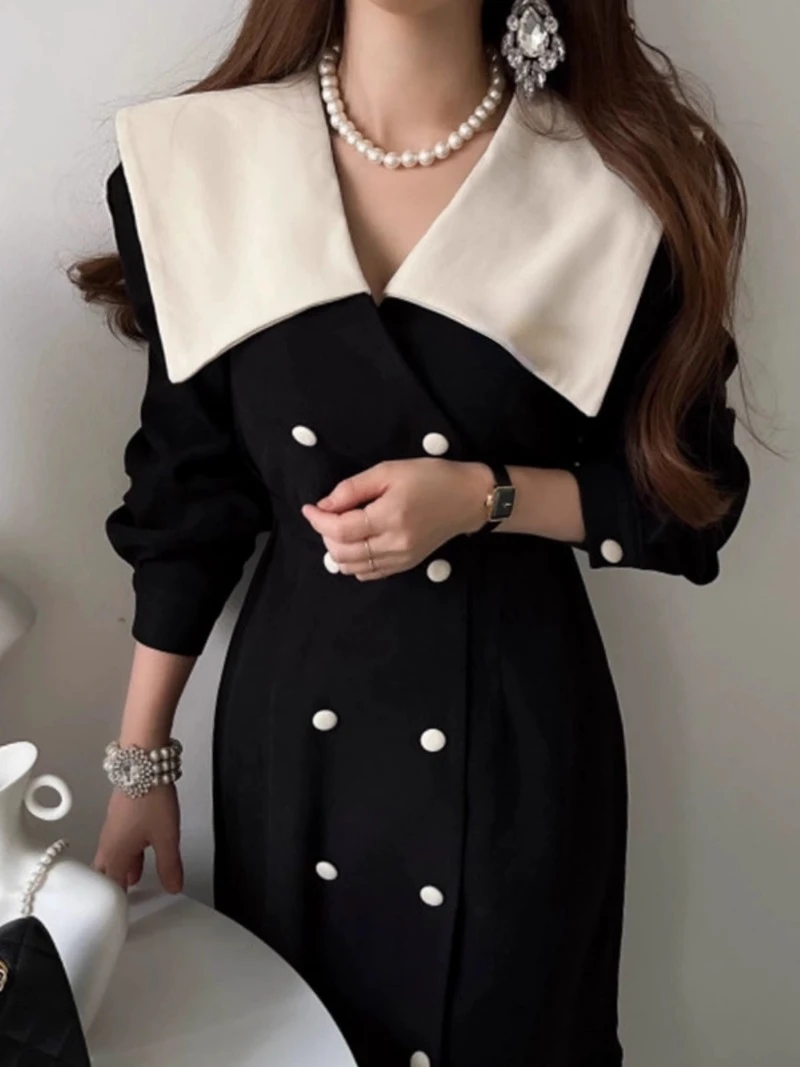 Vestidos De Mujer Bodycon Slim Waist High Retro Contrasting Color Large Lapel Double Breasted Fishtail Dress Women Black 2025