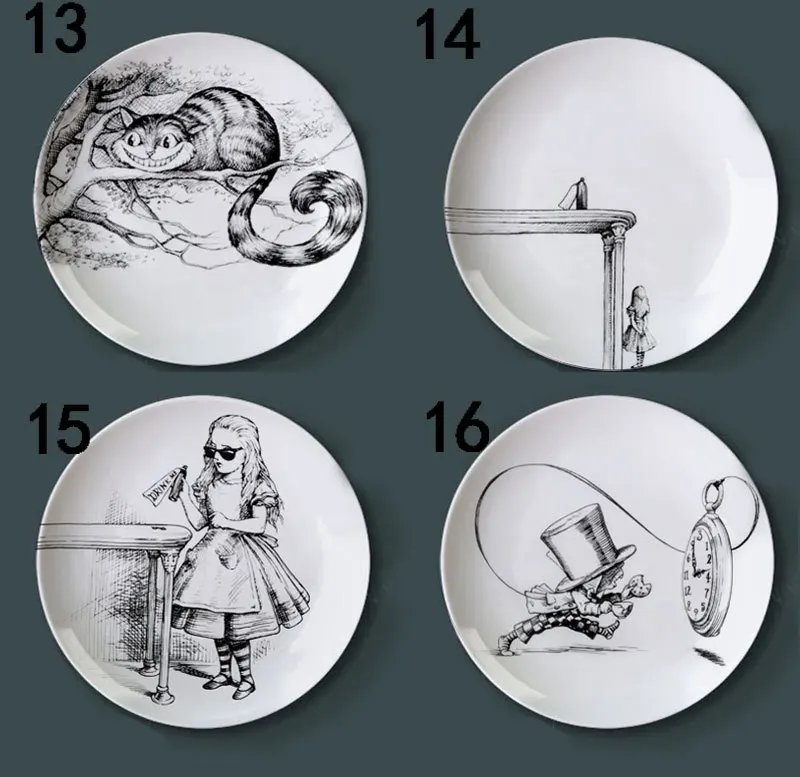 Alice In Wonderland tray Vintage Hand Painted Plate Sketchy Cartoon Black White Sketch Coasters Ceramic Dish  Design