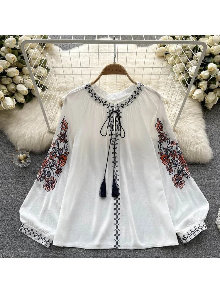 Women Spring Autumn Blouse French with Foreign Air Thin Retro Ethnic Style Embroidery Printing Lace Up Chic Shirt Tops D2533