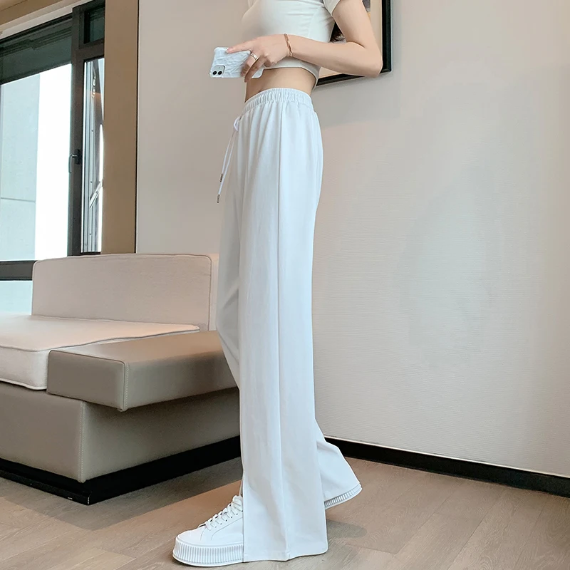 M-5XL Women Wide Leg Pants 2022 Summer Thin Elastic Waist Loose Straight Trousers Female Casual Slit Pants