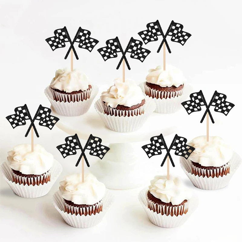 NUBECOM 24 Stück Karierte Rennflaggen-Cupcake-Topper Glitzer-Cupcake-Stecker Rennwagenflaggen Kuchen-Dekorationen für Geburtstage – Detail 11
