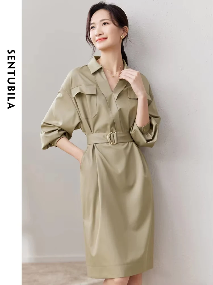 SENTUBILA Women's Office Lady Shirt Dress 2024 Autumn Fashion Business Elegant Temperament Belt Pocket Solid Dresses 133L50348