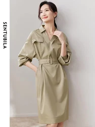 SENTUBILA Women's Office Lady Shirt Dress 2024 Autumn Fashion Business Elegant Temperament Belt Pocket Solid Dresses 133L50348