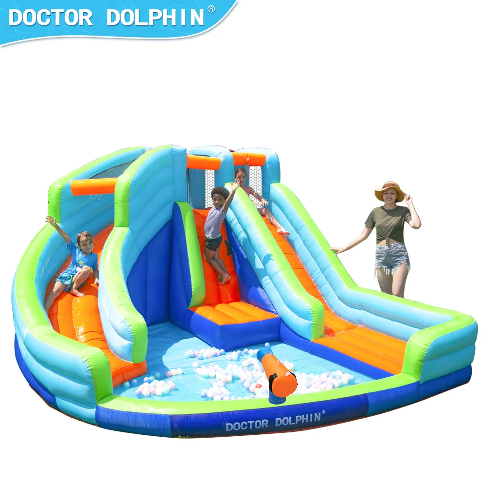 

Doctor Dolphin Double Slide Water Castle Playhouse Outdoor with Two Long Slide and Water Spray Gunfor Boys&Girl