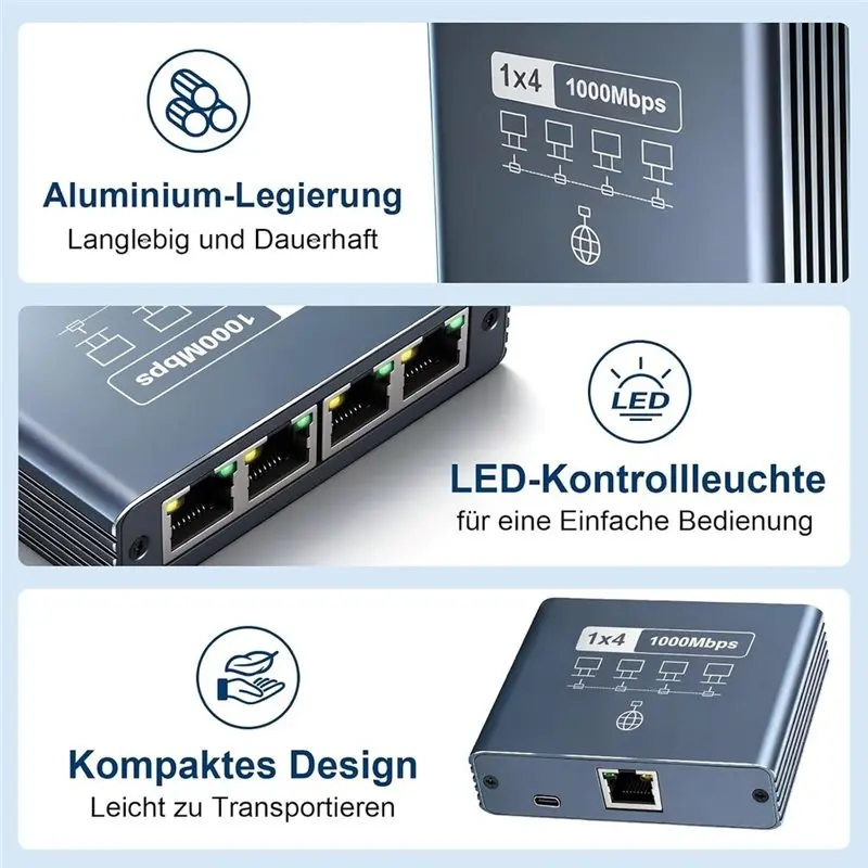 X64A-RJ45 Gigabit Ethernet Splitter 1000 Mbps 1 To 4 LAN Switch 4 Port Aluminium Design With USB-C Power Cable Network Device