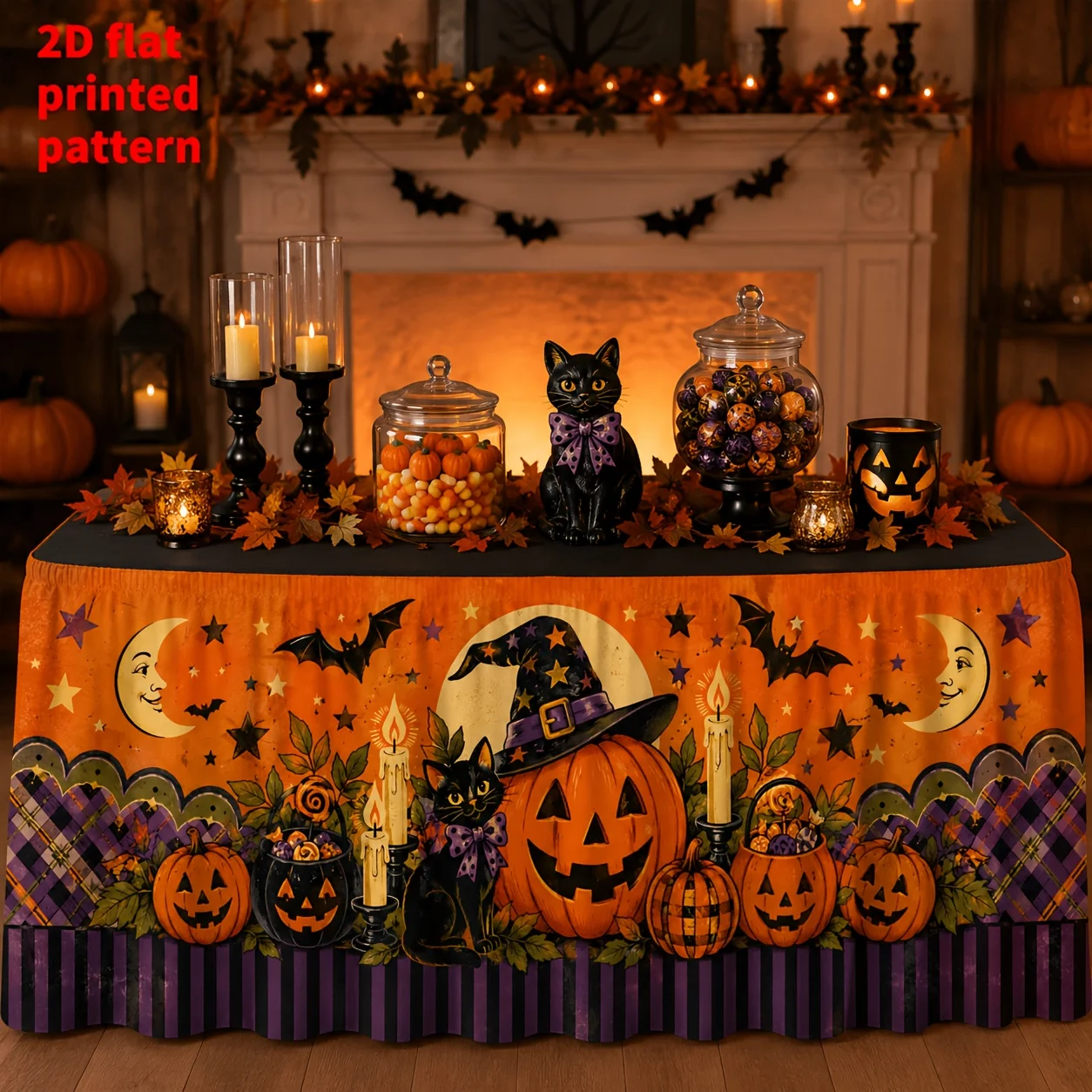 1 tablecloth table skirt, polyester print Jack Olandon black cat bat moon candle plaid Halloween pattern table skirt decoration