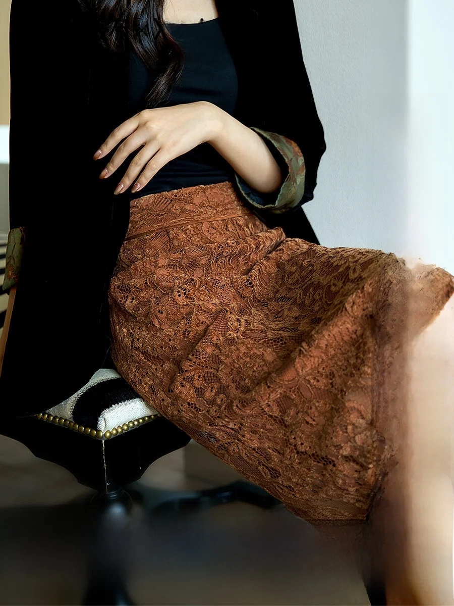 

High Waist Lace Skirt Tee Colors Optional over Knee Vintage Sle Spring New Arrival Women's Comfortable Soft Nylon Skirt