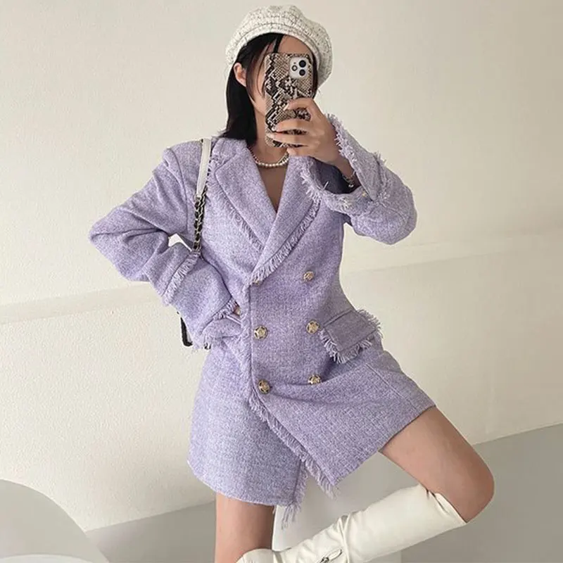 Tassels Pocket Bouble-Breasted Women Long Tweed Suit Dress Coat Long Sleeve Winter 2022 New Elegant Fashion Vintage Lady Jacket