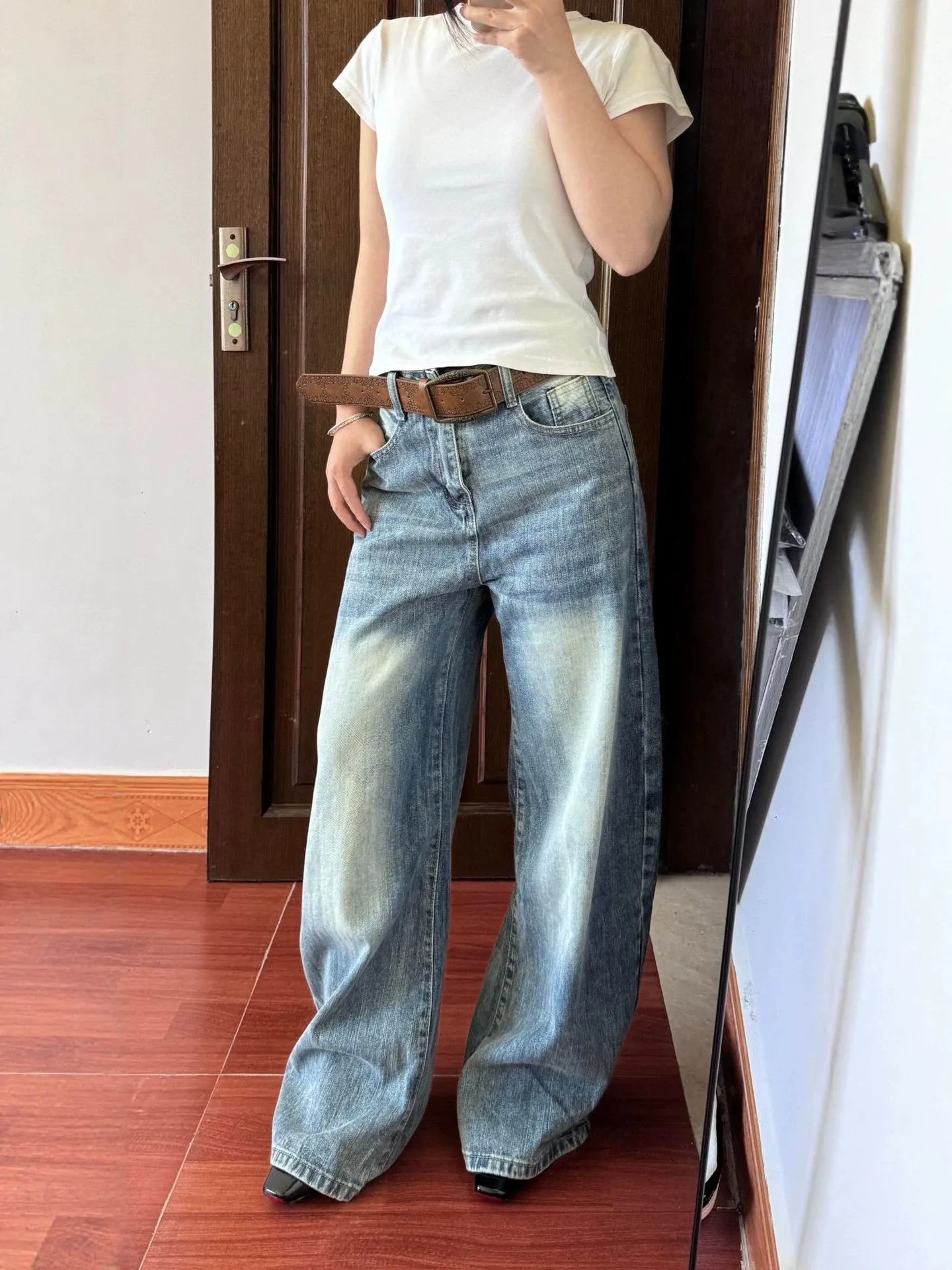 High Waist Wide Leg Denim Jeans Women's Autumn Design Washed Bamboo Texture Loose Fit Slimming Long Pants plus Size
