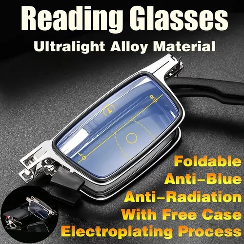 Gafas de lectura plegables con estuche para hombre y mujer, montura totalmente metálica, bloqueo de luz azul, gafas plegables, gafas transparentes