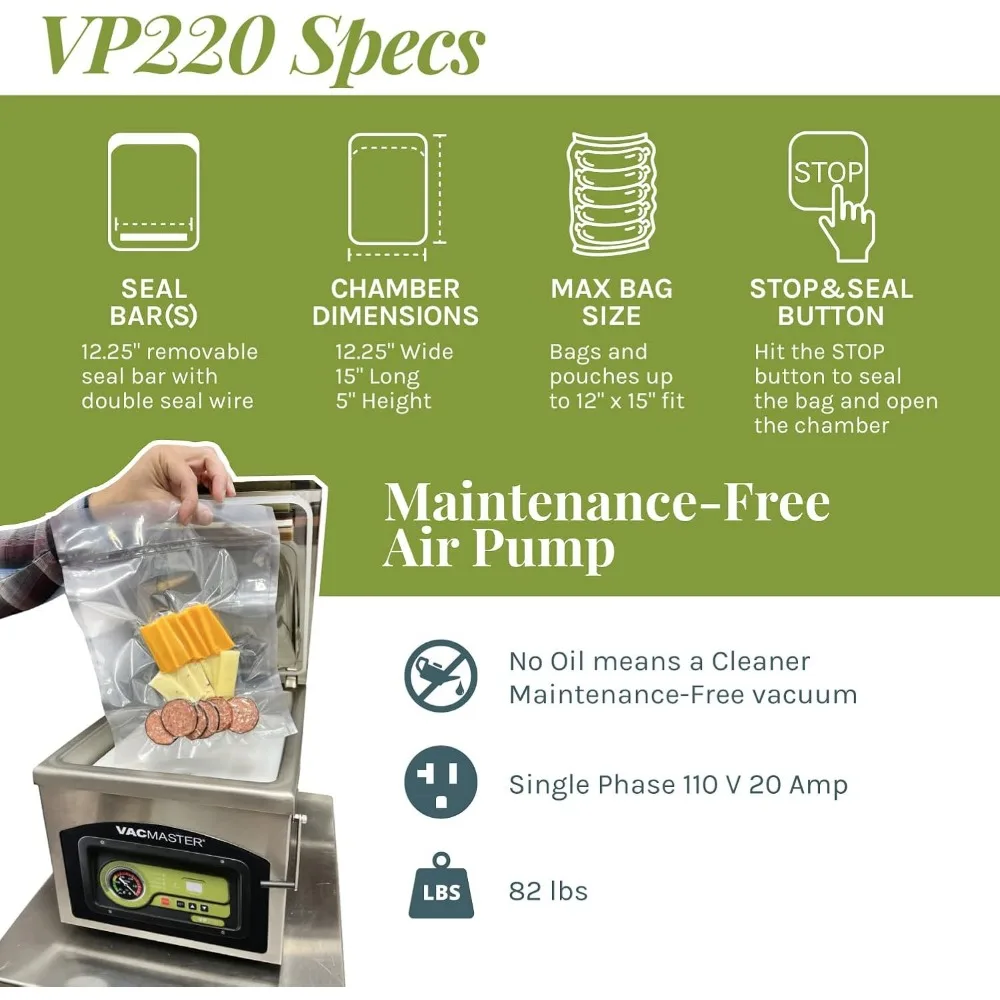 Sellador al vacío de cámara comercial VP220 para Sous Vide, líquidos, polvos, 110 V, bomba de aire sin mantenimiento con barra de sellado de 12,25