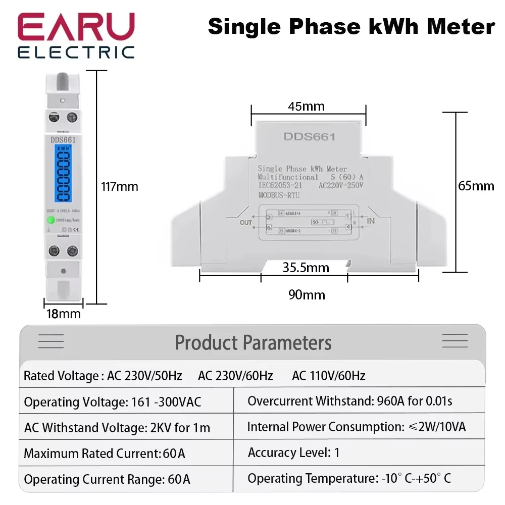 Single Phase Backlight Wattmeter Power LCD Digital Display Consumption Meter KWh 60A 110V 230VAC 50Hz Watt Din Rail Energy Meter