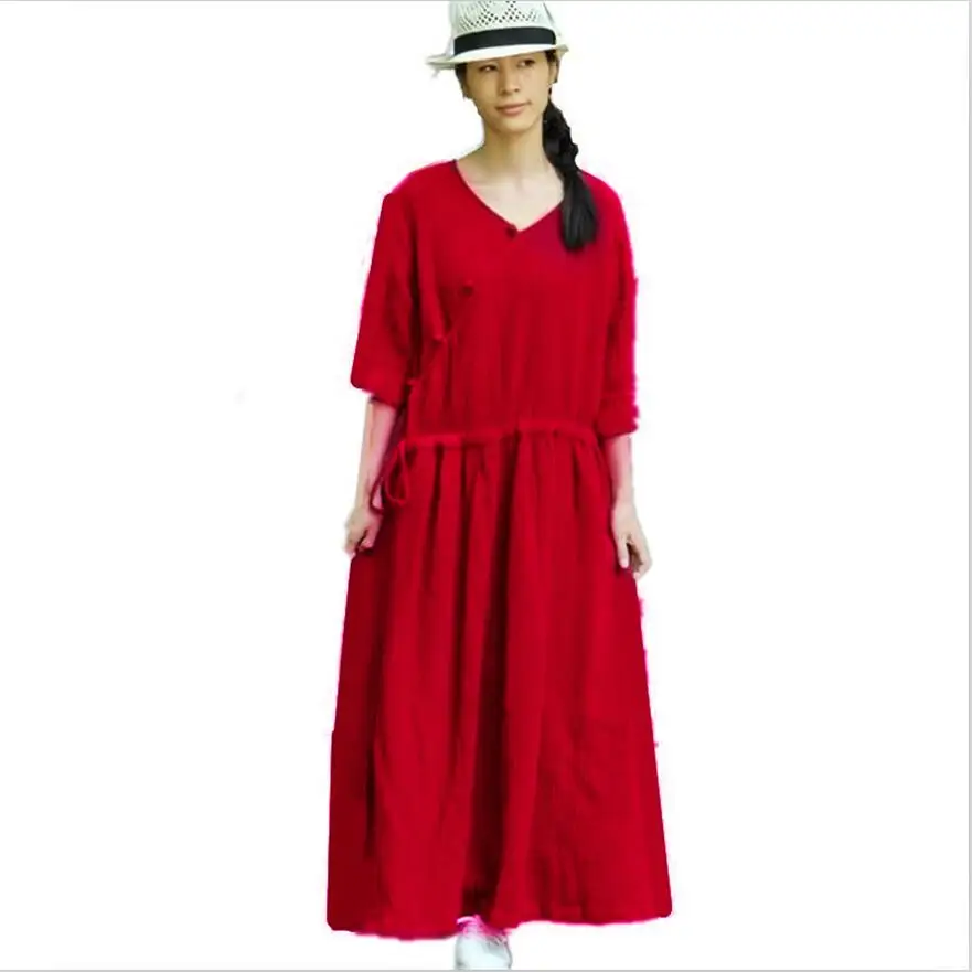 2024 Spring New Vintage Slant Frog Buttons Dress Women Cotton Linen Solid Dress Plus Size Long Loose Robe Chic Dresses Vestidos