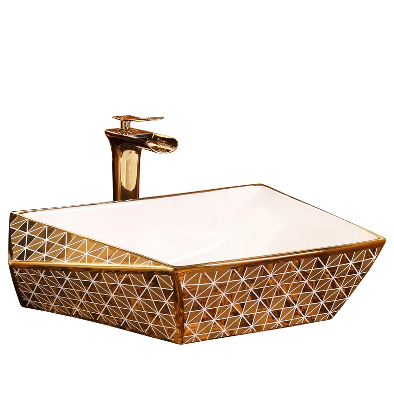 

European style countertop basin, golden art basin, ceramic diamond hand wash, household face wash basin, sink