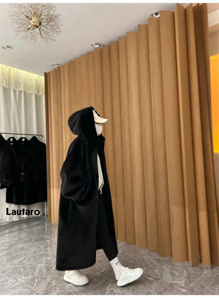 Lautaro Winter Long Oversized Warm Thick Blue White Fluffy Faux Fur Coat Women with Hood 2022 Loose Casual Korean Style Fashion