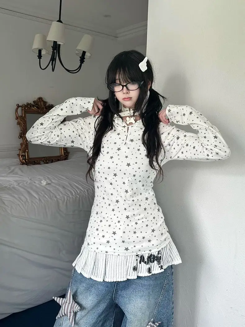 Patchwork Grunge Slim Fit Tshirts Casual Harajuku Button ​Top Autumn Vintage Star Print Wings Hooded T-shirt Y2k Aesthetic