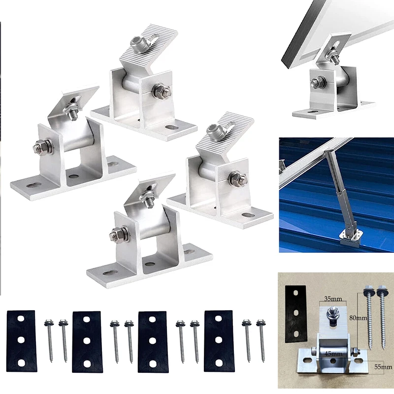 4PCS Aluminum Alloy Solar Panel Rotatable Elevation With Angle Bracket Roof Mounting Attachment Tilt Mounting Rail Support